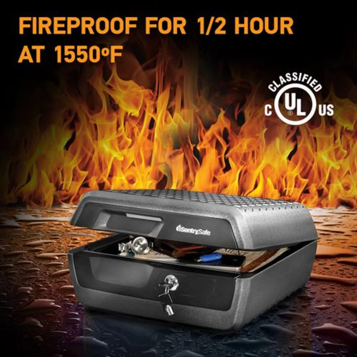 Water and Fire Safe with Key, Fire and Water Chest with Key, 7.6 in x 16.5 in x 14.8 in, 0.36 cu. ft. - Image 3